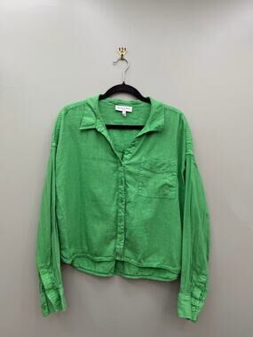 Michael Stars 100% Linen Green Button Front Cropped Shirt Size L